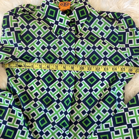 Tory Burch Women’s Button Up Blouse Geometric Navy Green Size 4 - Picture 5 of 7